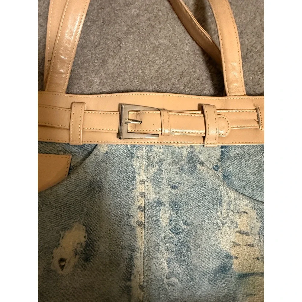 Eleganza Y2K Distressed Denim Tiger Print Shoulder Bag Tan Faux Leather Trim